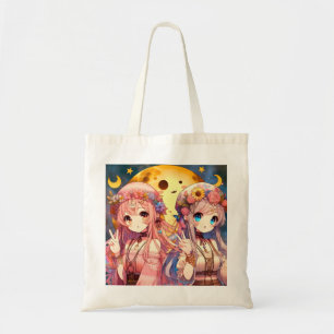 Bolsa Tote Menina de anime Hippie Moon Girls Dando Sinal de P