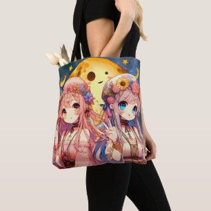 Bolsa Tote Menina de anime Hippie Moon Girls Dando Sinal de P
