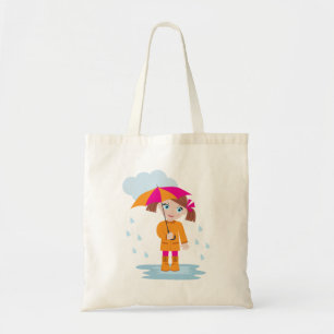 Bolsa Tote Menina de Casaco Laranja com Guarda-Chuva Rosa