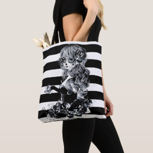 Bolsa Tote Menina de caveira doce bonita listrada de preto e 