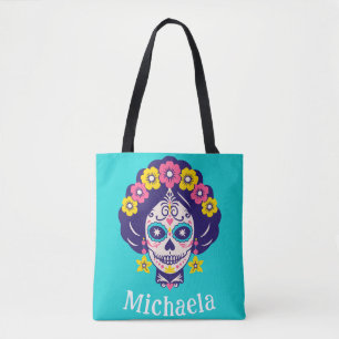 Bolsa Tote Menina de Crânio de Açúcar Floral Brilhante Person