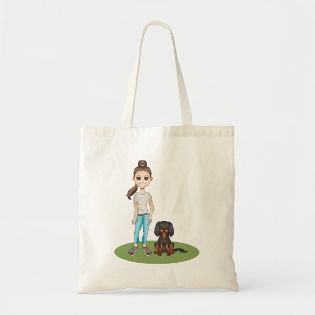 Bolsa Tote Menina de desenho animado e cachorro da raça Caval (Frente)