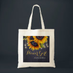 Bolsa Tote Menina de flores de sol de quadro elegante<br><div class="desc">Ponta russa elegante de verão ou casamento outono de outono/madrinha de casamento/florista/mãe da noiva ou mãe do saco de tote nobre na meia-noite marinho azul-quadro apresentando um belo buquê de girassóis e cordas de luzes cintilantes com texto personalizado. Preencha suas informações nos pontos, Você pode optar por personalizá-las mudando ainda...</div>