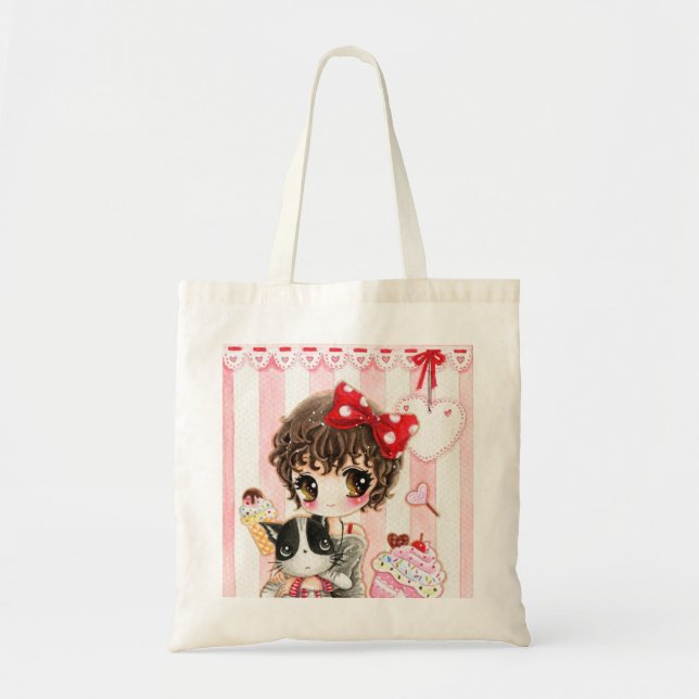 Bolsa Tote Menina de Kawaii com gato (Frente)
