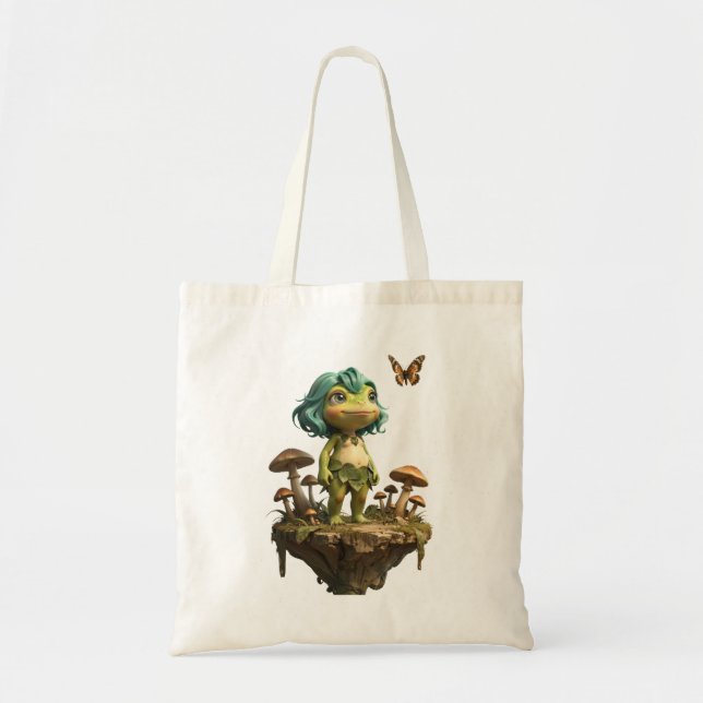 Bolsa Tote Menina de Sapo Fofo Entre Cogumelos com Borboleta (Frente)