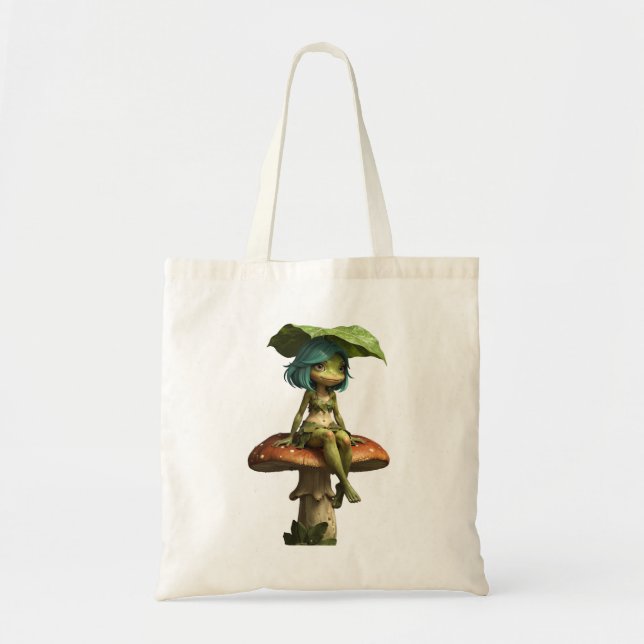 Bolsa Tote Menina de Sapo Fofo Sentada no Cogumelo (Frente)
