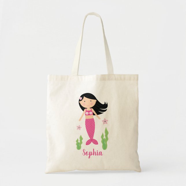 Bolsa Tote Menina de Sereia Preta de Cabelo Negro (Frente)