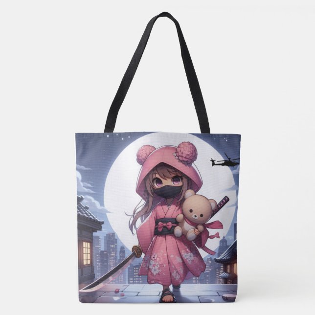 Bolsa Tote Menina e ursinho da guerreira ninja (Frente)