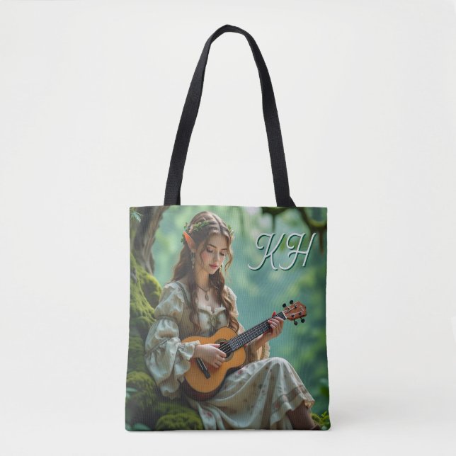 Bolsa Tote Menina Elfa Encantada Tocando um Ukulele (Frente)