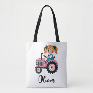 Bolsa Tote Menina Fofa em Trator Rosa Personalizado