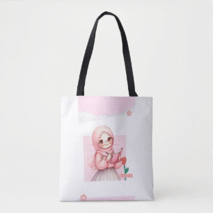 Bolsa Tote Menina Hijabi Fofa   Tela Estética Rosa