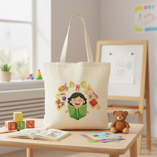 Bolsa Tote Menina Lendo Aprendendo Letras ABC e Brinquedos