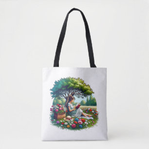 Bolsa Tote Menina lendo sob uma árvore cercada por flores