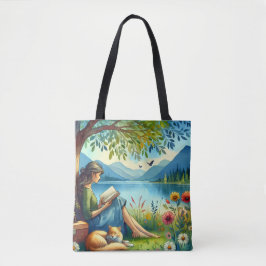 Bolsa Tote Menina lendo um livro sob uma árvore com um gato s