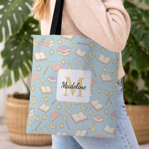 Bolsa Tote Menina Livresca Personalizada Mágica Azul Fofo Nom