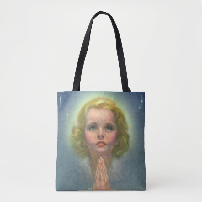 Bolsa Tote Menina Loira Angelical com Auréola e Estrelas Reza (Frente)