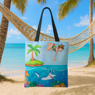 Bolsa Tote Menina Mergulhando no Recife de Coral de Tubarão A