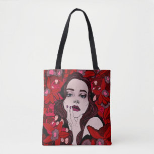 Bolsa Tote Menina misteriosa cercada por flersabstrato vermel