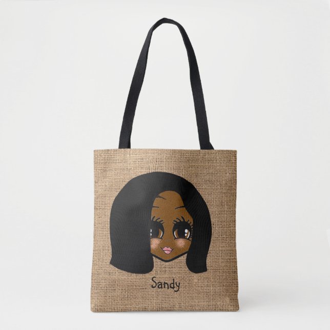 Bolsa Tote Menina negra personalizada Caricature Jute Impress (Frente)