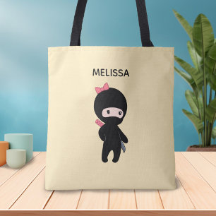 Bolsa Tote Menina Ninja, nome personalizado em amarelo