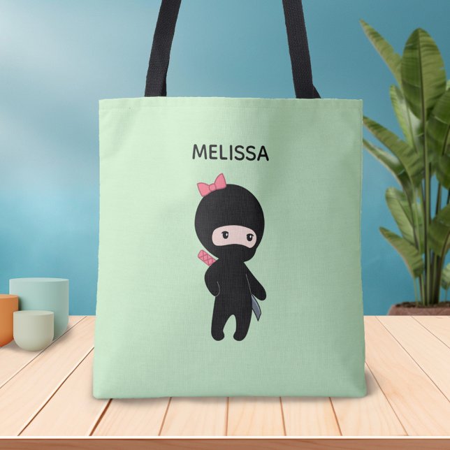 Bolsa Tote Menina Ninja, nome personalizado em verde (Criador carregado)