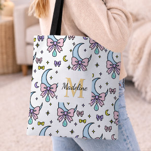 Bolsa Tote Menina Personalizada Laço Fofo Nome Luas Brancas