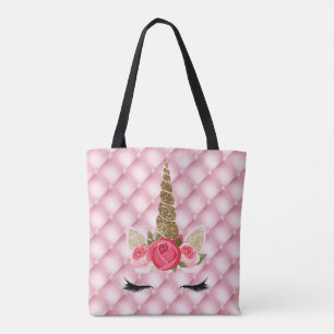 Bolsa Tote Menina Unicórnio com Purpurina Dourada e Rosas Ros