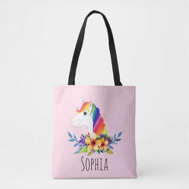 Bolsa Tote Meninas Cute Magical Rainbow Unicorn e Kids Name (Frente)