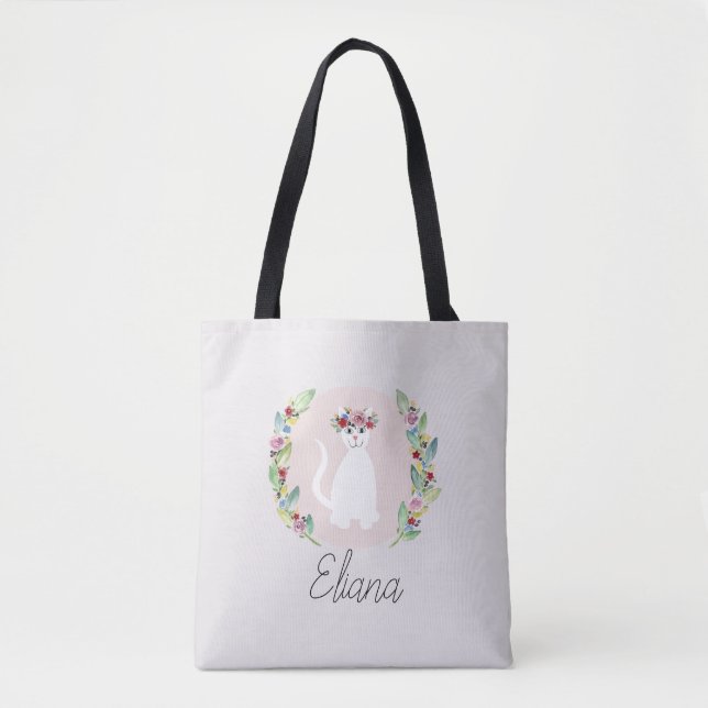 Bolsa Tote Meninas Gatos Brancos Gelados com Flores e Filhos  (Frente)