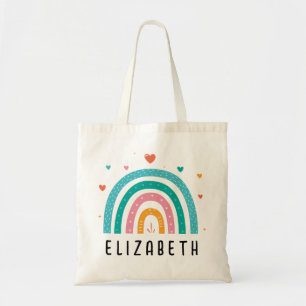 Bolsa Tote Meninas Trendy Whimsical Rainbow Cartoon Name Cria
