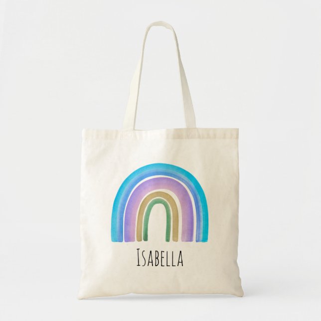 Bolsa Tote Meninas Trendy Whimsical Rainbow Cartoon Name Cria (Frente)