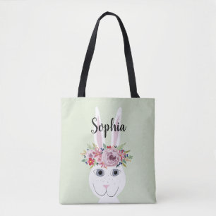 Bolsa Tote Meninas Whimsical Flowers Watercolor Rabbit and Na