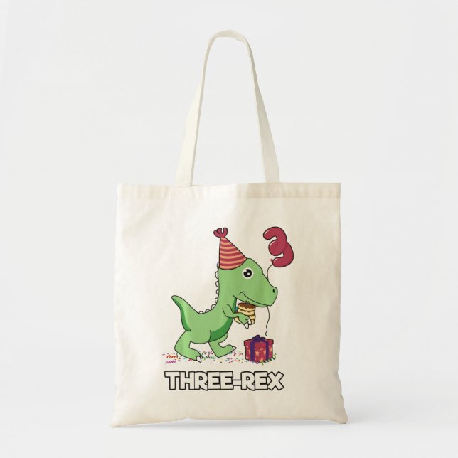 Bolsa Tote Menino de aniversário de 3 anos Dinossauro três cr (Frente)