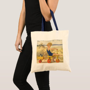 Bolsa Tote Menino do vintage que joga na praia com brinquedos