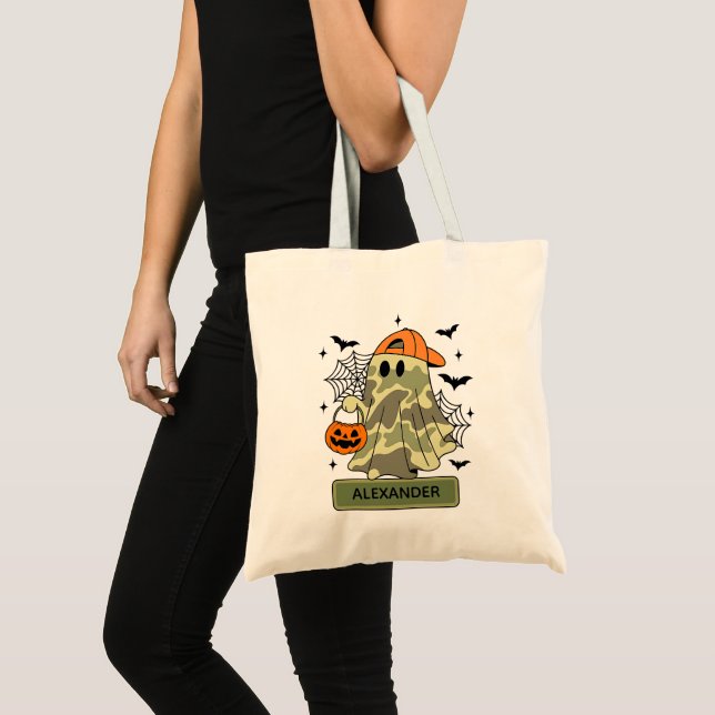 Bolsa Tote Menino Fantasma Camuflado Halloween Doce ou Traves (Frente (produto))