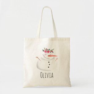 Bolsa Tote Meninos Menina Flor de Natal, Snowman e Nome