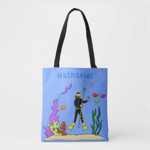 Bolsa Tote Mergulhador engraçado e criaturas de peixes, dese