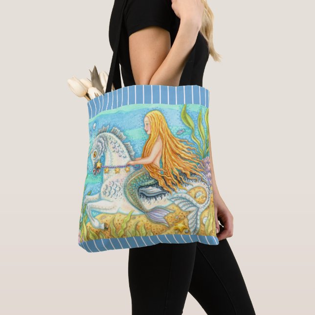 BOLSA TOTE MERMAID & SEA STALLION, WHIMSICAL FANTASY UNICORN (Close Up)