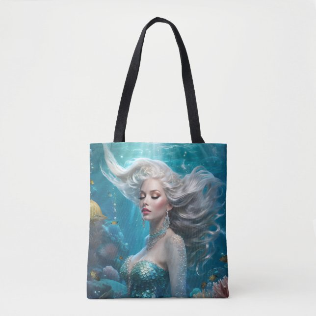 Bolsa Tote Mermaid Silver Hair Turquoise Ocean (Frente)