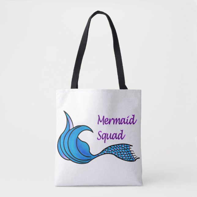 Bolsa Tote Mermaid Squad de cauda azul em um saco de totas (Frente)
