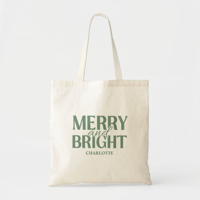 Bolsa Tote Merry And Bright Christmas Holiday Green (Frente)