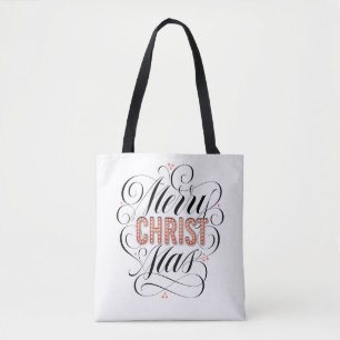 Bolsa Tote Merry CHRISTmas Caligrafia religiosa vermelha
