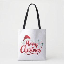 Bolsa Tote Merry Christmas Typography with Santa Hat and Snow