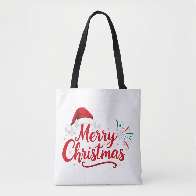 Bolsa Tote Merry Christmas Typography with Santa Hat and Snow (Frente)