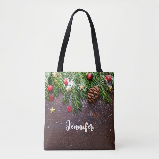Bolsa Tote Mesa de Natal russa com pinheiro e neve (Frente)