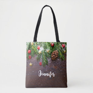Bolsa Tote Mesa de Natal Rústica com Pinheiro e Neve