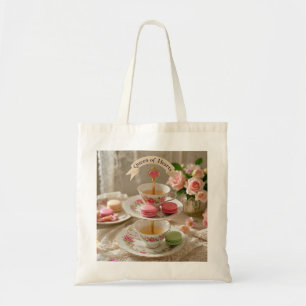 Bolsa Tote Mesa floral, xícaras, pratos com camadas rainha do
