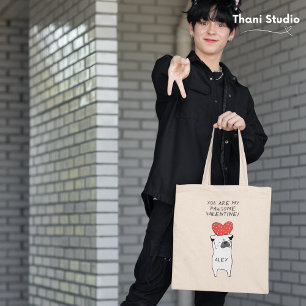 Bolsa Tote Meu Namorados Pawsome - Cute Pug & Red Heart Black