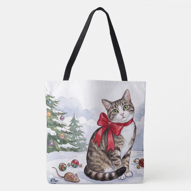 Bolsa Tote Mia a Gata Festiva com Decoração de Feriado (Frente)