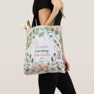 Bolsa Tote Micah 6:8 Do Justice Rosa Verde Cor de Água Floral